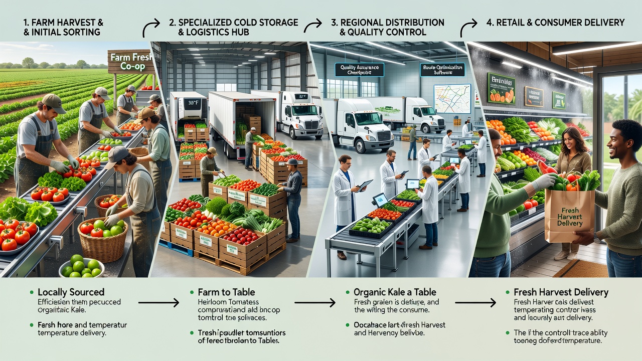 Refrigerated trucks and warehouse workers loading pallets of fresh produce in a temperature-controlled distribution center